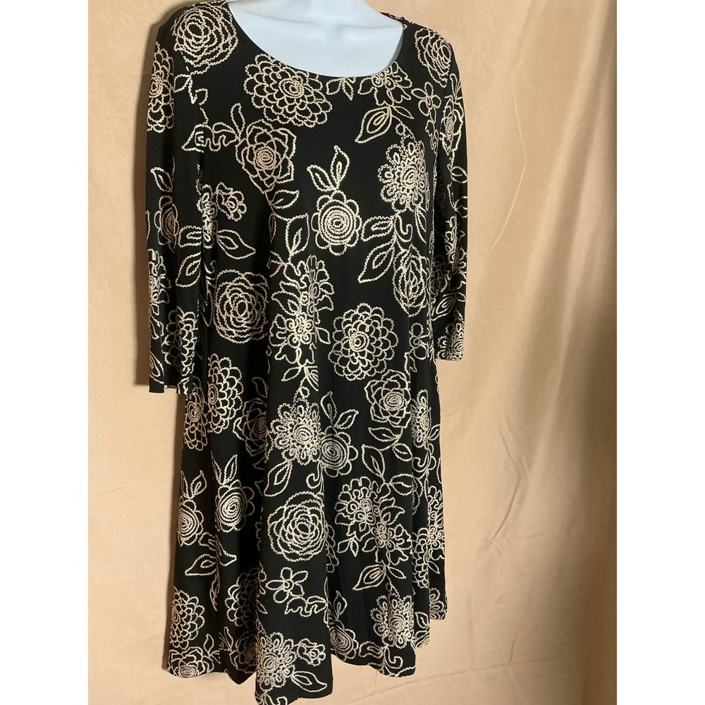 Nina Leonard Dress Womens Small Black Floral 3/4 Sleeve Excellent Scoop Neck - Picture 3 of 13